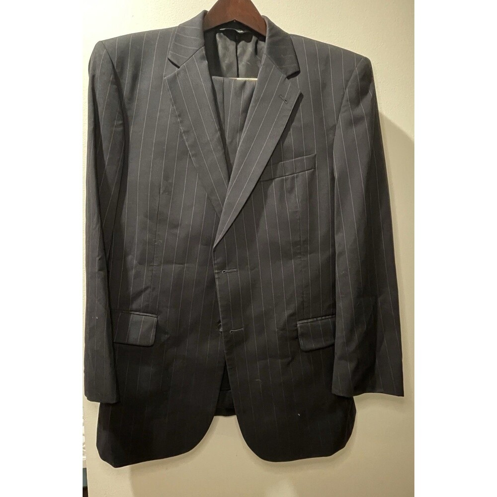 Jos A Bank 2 PC Suit Mens 43RG Black Striped Wool Two Buttons Wool Garment Bag